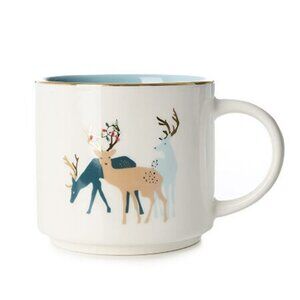 DAVIDS TEA Mug Reindeer White Holiday Stackable Gold Rim Deer Winter